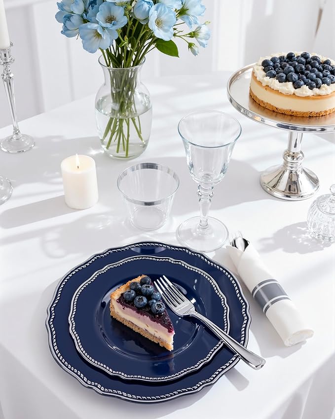 Hioasis 175pcs Blue Silver Plastic Plates - Silver Plastic Dinnerware Set Includes 25 Dinner Plates, 25 Dessert Dinnerware, 25 Cups, 25 Napkins Perfect for Wedding & Party
