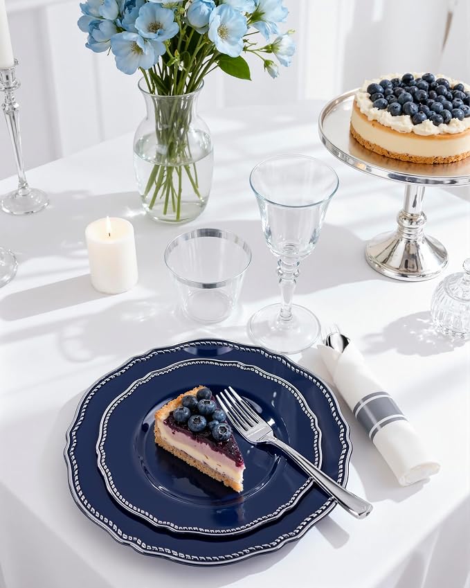 Hioasis 350pcs Blue Silver Plastic Plates - Silver Plastic Dinnerware Set Includes 50 Dinner Plates, 50 Dessert Dinnerware, 50 Cups, 50 Napkins Perfect for Wedding & Party & 4th ofJuly