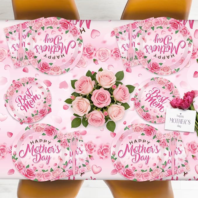 122 PCS Mothers Day Plates and Napkins Set, Serves for 30 Guests Pink Mother's Day Home Decor with Flowers, Disposable Paper Plates Napkins Plastic Forks Tablecloth for Best Mom Party Supplies