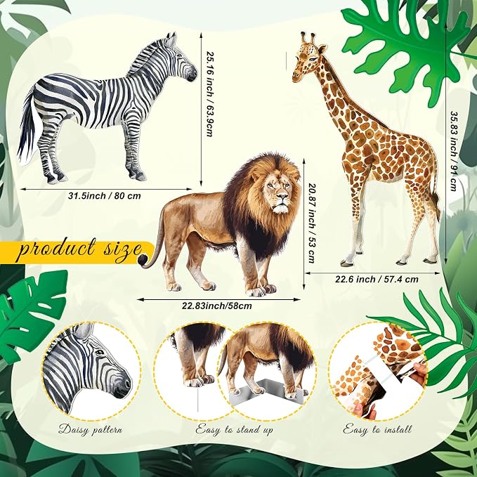 Amyhill 3 Pcs Jungle Safari Animal Cardboard Cutout Standup Life Size Safari Birthday Party Decorations Lion Giraffe Zebra Cardboard Cutouts for Baby Shower Birthday Party Photo Backdrop Favors