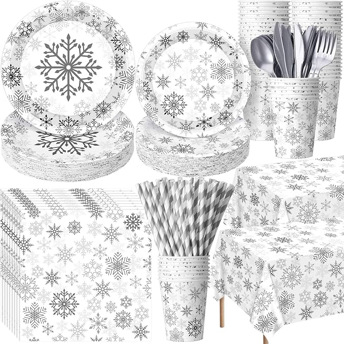 Funnymoom 452 Pcs Winter Snowflake Party Supplies, Silver Snowflake Paper Plates and Napkins Cups Tablecloth Cutlery Straws for 50 Guests Winter Birthday Wonderland Party Decoration