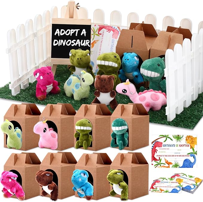 Blueweenly 84 Pcs Adopt a Pet Party Supplies 24 Mini Animals 10 White Plastic Fence 24 Paper Gift Boxes 24 Adoption Cards with Mini Chalkboard and Artificial Lawn(Dinosaur)