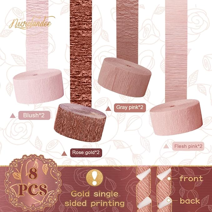 Rose Gold Wedding Decorations - 15 PCS Tissue Paper Pom Poms + 8 Rolls Rose Gold Crepe Paper Streamers for Engagement Party Wedding Birthday Bridal Shower Bachelorette