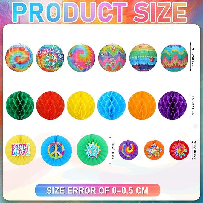 Retisee 18 Pcs 70s Hippie Party Decorations Hanging Paper Lanterns Tie Dye Groovy Honeycomb Tissue Groovy Retro Flower Peace Sign Paper Fans for 60s 70s Birthday Party Decoration (Hippietie, Tie Dye)
