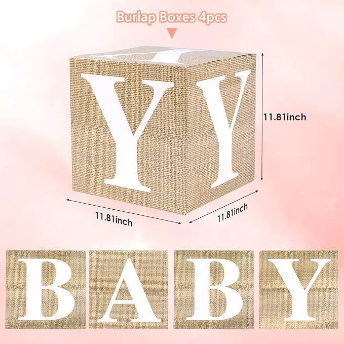 Voircoloria Baby Boxes with Letters for Baby Shower Decorations, Gender Reveal Decorations with 4 Burlap Balloon Boxes