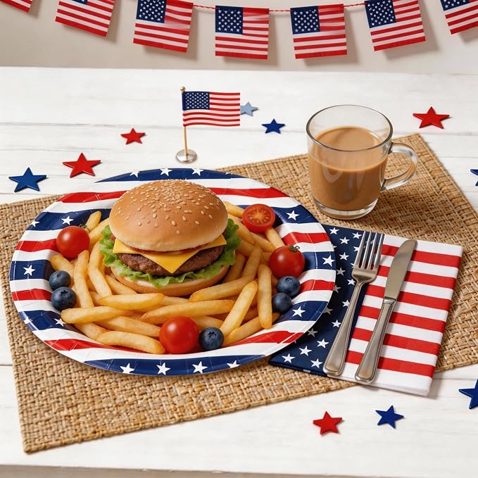 OuMuaMua 100 Pcs American Flag Patriotic Party Supplies, 12"x10" Oval Red White and Blue Paper Plates and Napkins Set, Heavy Duty Disposable Dinnerware for 4th of July, Independence Day, Veterans Day