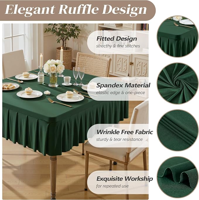 Wish Care Hunter Green Spandex Tablecloths for 54x54 Inch Square Tables, Stretch Fitted Table Clothes with Pleated Ruffle Skirt for 54” Table, Wrinkle Free and Elastic, for Party Kitchen Home Dining