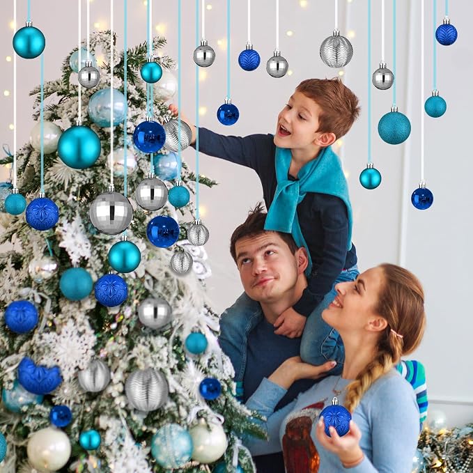 36 Pcs Christmas Balls Ornaments for Ceiling, 1.6'' 2.4'' 3.2'' Large Big Shatterproof Christmas Hanging Decorations Balls for Tree Xmas Holiday Party Indoor(Lake Blue, Navy Blue, Silver)