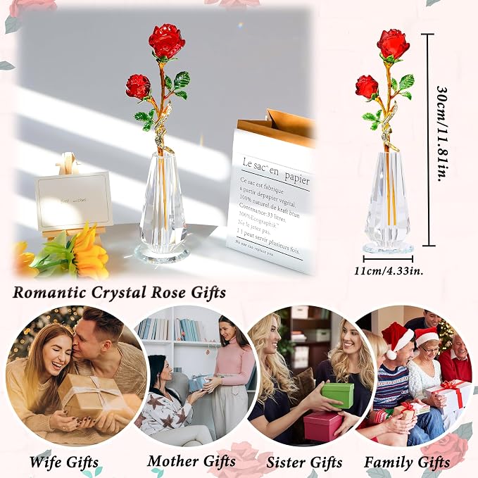 YWHL Handmade Red Rose Flower Crystal Figurine with Vase, Bouquet Glass Flowers Ornament Rose Gifts for Wife Girlfriend Women, Crystal Flower Home Table Decor for Anniversary Wedding