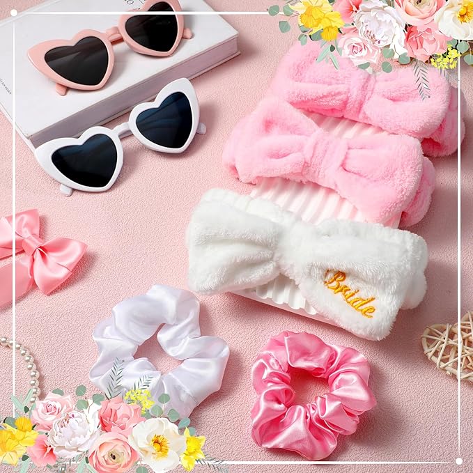 Geiserailie 36 Pcs Bachelorette Party Accessories 12 Bride Spa Headbands 12 Bridesmaid Scrunchies Ties 12 Bachelorette Sunglasses Bridesmaids Proposal Gifts for Wedding Party Favors(Pink)