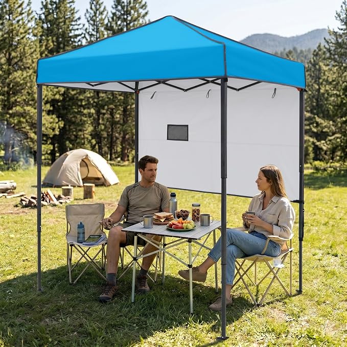 EAGLE PEAK 6x4 Instant Pop Up Canopy Tent with 1 Half Wall Panel, Straight Leg Sun Shelter, Portable Canopy with Carry Bag for Camping, Beach & Sports, Light Blue