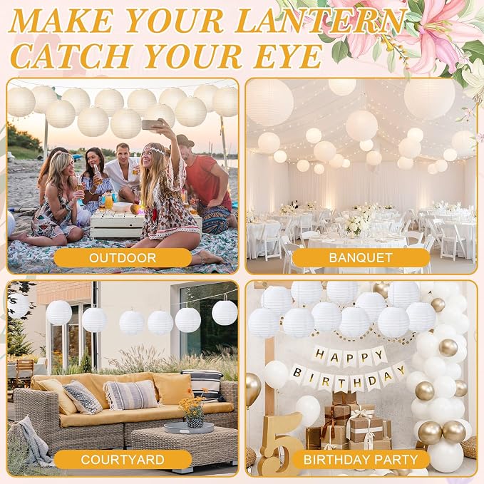 Treela 48 Pack White Chinese Japanese Paper Lanterns Decorative Hanging Round Paper Lantern Lamps for Wedding Birthday Party Decorations (8 Inch)