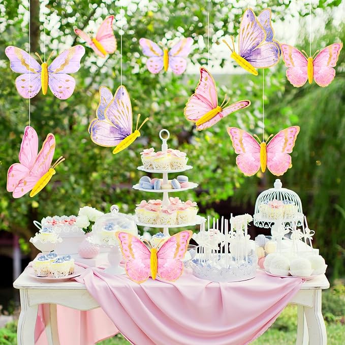 SUNBEAUTY 10 Pcs Butterfly Party Decorations 3D Butterfly Hanging Birthday Decoration Pink Purple Butterflies Honeycomb Decor for Girls Women Birthday Baby Shower Wedding Garden Party Supplies