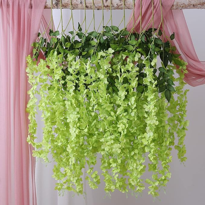 Duovlo 12 Piece Artificial Silk Wisteria Vine 3.6 Feet Hanging Flower Garland String Home Party Wedding Decor (Green)