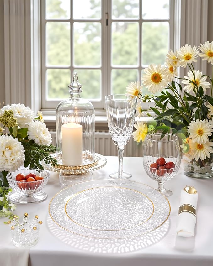 Hioasis 60pcs Clear Plastic Plates - Gold Rimmed Disposable, Hammered, Heavy-duty Dinnerware Set Suitable for 30 Guests, 10.25" Dinner & 7.5" Dessert Plates for Party & Wedding & Party