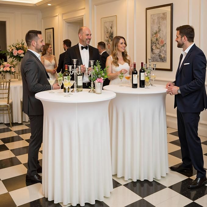 2 pk White Cocktail Table Cloth Round 32×43in-High Top Highboy Bar Cocktail Tablecloths-Wrinkle Free Stretchy Fitted Spandex Table Covers with Ruffle Desk Skirt for Wedding Banquet Party Tables