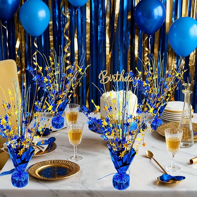 6 Pack Metallic Foil Spray Table Centerpiece Decoration Star Brust Glitter Table Topper Decor for Birthday Graduation Holiday Christmas New Year's Eve Celebration Party Supplies Gold and Blue