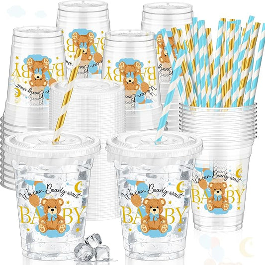 FoldTier 50 Pcs Baby Shower Party Supplies Disposable Plastic Cup 12 oz Blue Bear Cups Thick Clear Mug Blue Lids Straws Baby Shower Table Decorations Party Favors