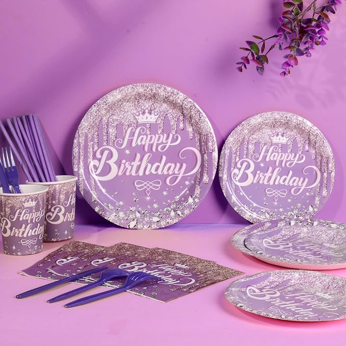 116 Pcs Purple Silver Birthday Decorations for Women Girls, Happy Birthday Banner Foil Balloons Plates Cups Napkins Tablecloth Purple Party Set Fringe Curtains Disposable Tableware Serve 20 Supplies