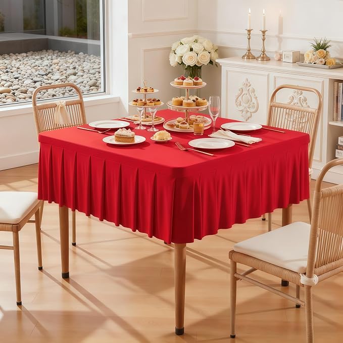 Wish Care Red Spandex Tablecloths for 48x48 Inch Square Tables, Stretch Fitted Table Clothes with Pleated Ruffle Skirt for 48” Table, Wrinkle Free and Elastic, for Party Kitchen Home Dining