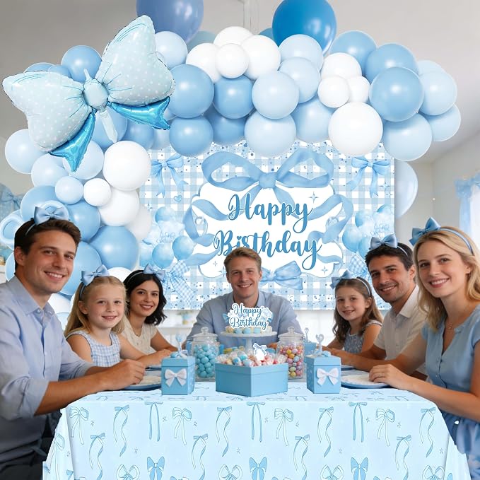 Blue Bow Birthday Decorations for Girls, Coquette Party Supplies with Gingham Backdrop, Tablecloth, Cake Toppers, Giant Foil Bow, Pastel Blue Balloon Arch Kit for Soft Girl Bday Photo Prop