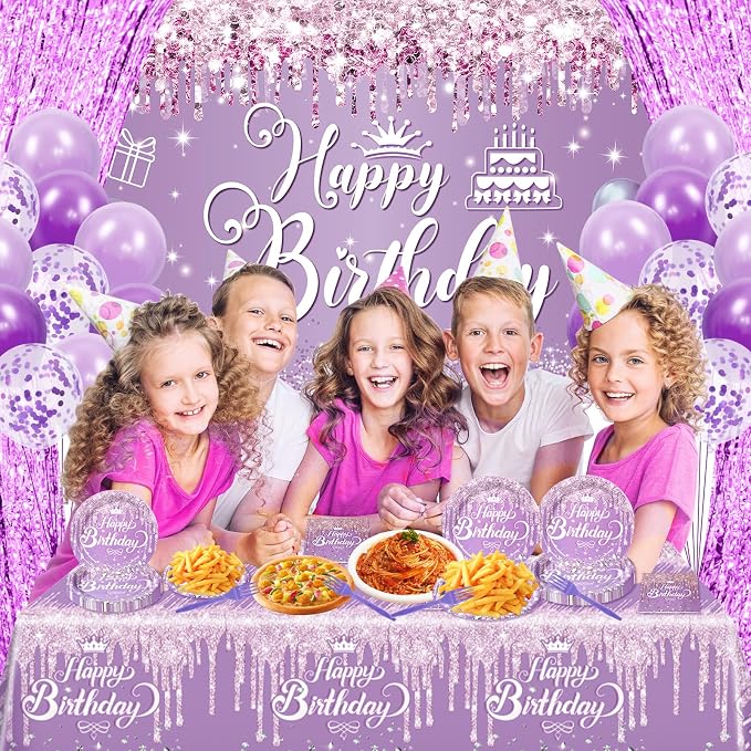 116 Pcs Purple Silver Birthday Decorations for Women Girls, Happy Birthday Banner Foil Balloons Plates Cups Napkins Tablecloth Purple Party Set Fringe Curtains Disposable Tableware Serve 20 Supplies