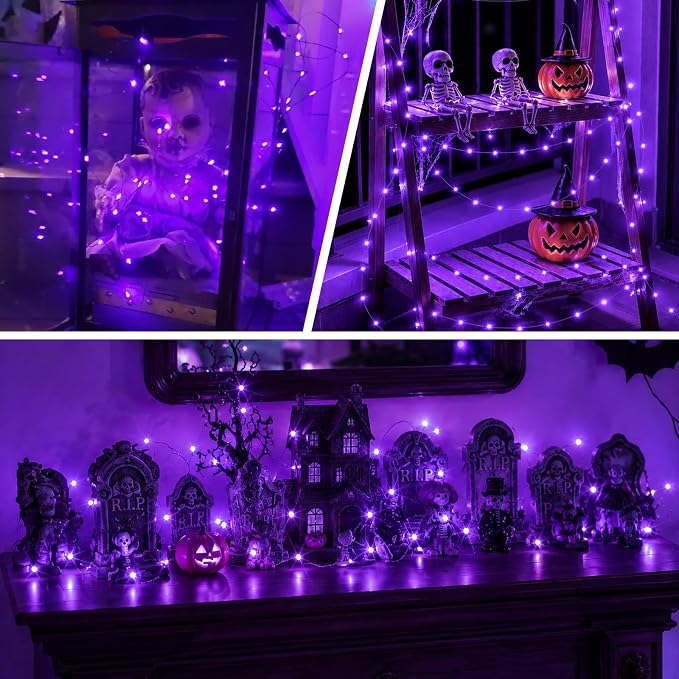 YEGUO Fairy Lights Battery Operated, 4 Packs Each 16ft 50 LED String Lights, 2 Modes Silver Wire Christmas Twinkle Light Indoor for Halloween Bedroom Wedding Party Holiday Gift(Purple)