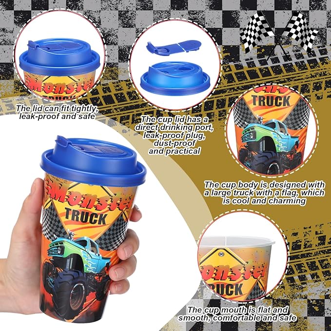Yungyan 16 Sets Monster Truck Party Favors Goodie Cups with Lids and Straws for Birthday Decorations Reusable 16oz Plastic Candy Cups Plastic Straws for Birthday Party
