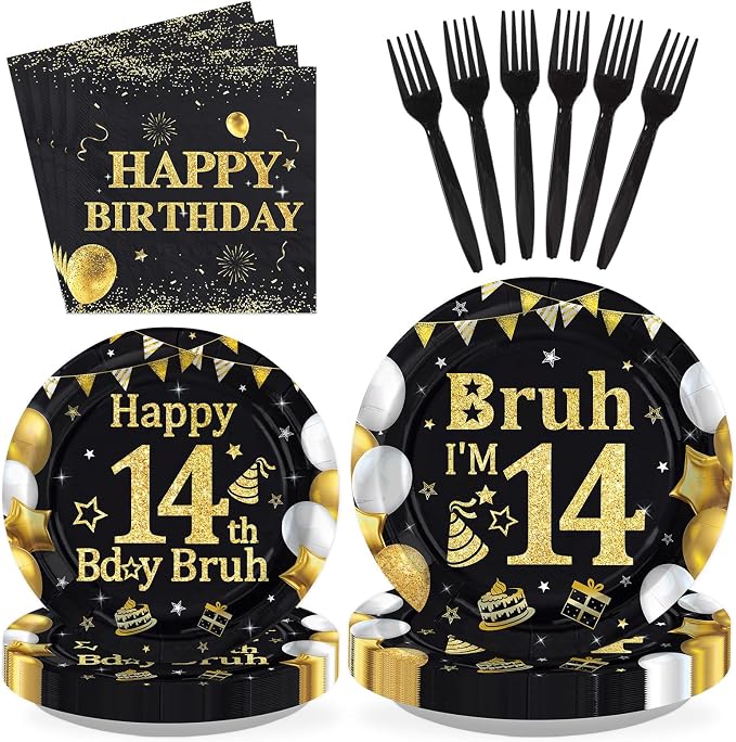 96 Pcs Bruh 14th Birthday Party Decorations Black Gold Bruh I’m 14 Plates and Napkins It's My 14th Birthday Tableware Set for Teen Boys and Girls 14 Years Old Party Supplies, Serves 24