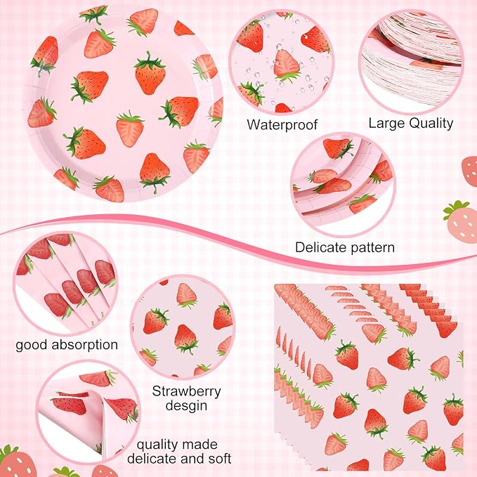 Funnymoom 452 Pcs Strawberry Party Supplies for 50 Guests, Strawberry Paper Plates Napkins Cups Tablecloth Cutlery Straws for Berry First Birthday Baby Shower Party Decorations