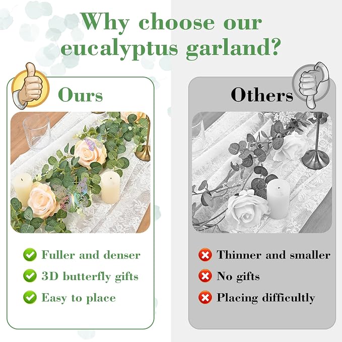 Yastouay 6.07 Ft Fuller Flower Garland with 3D Butterfly, Artificial Eucalyptus Garland with Champagne Flowers Fake Rose Vine for Table Centerpiece Wedding Baby Shower Party Room Backdrop Decor