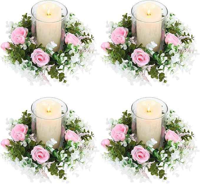 4 Pcs Rose Candle Rings - Artificial Pink Floral Wreaths with Eucalyptus Leaves Greenery Garland for Pillar Candleholders Wedding Centerpiece Party Home Table Decor