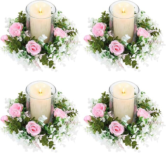 4 Pcs Rose Candle Rings - Artificial Pink Floral Wreaths with Eucalyptus Leaves Greenery Garland for Pillar Candleholders Wedding Centerpiece Party Home Table Decor