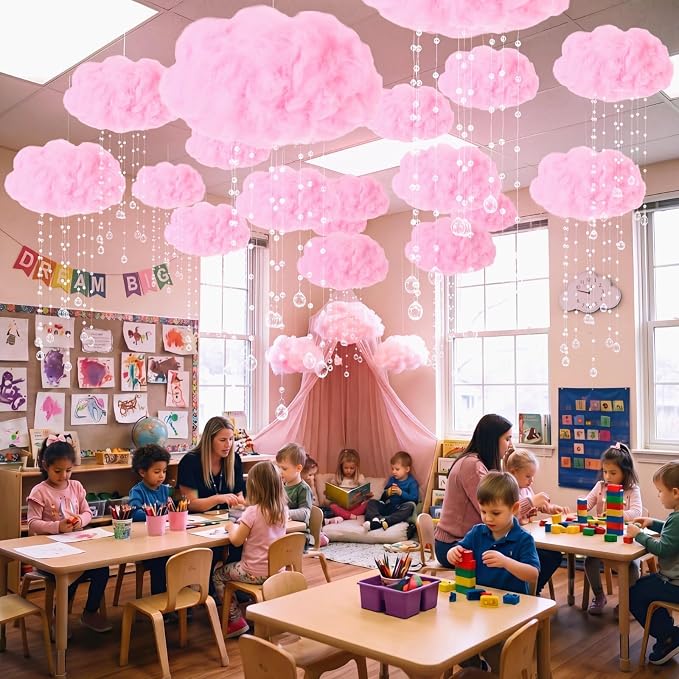 Marsui Artificial Cloud Props LED Hanging Pink Light String Fake Imitation 3D Cotton Cloud Classroom School Decor Raindrop for Room Ceiling Baby Shower Party Wedding Nursery Wall DIY Decor(2 Pcs)