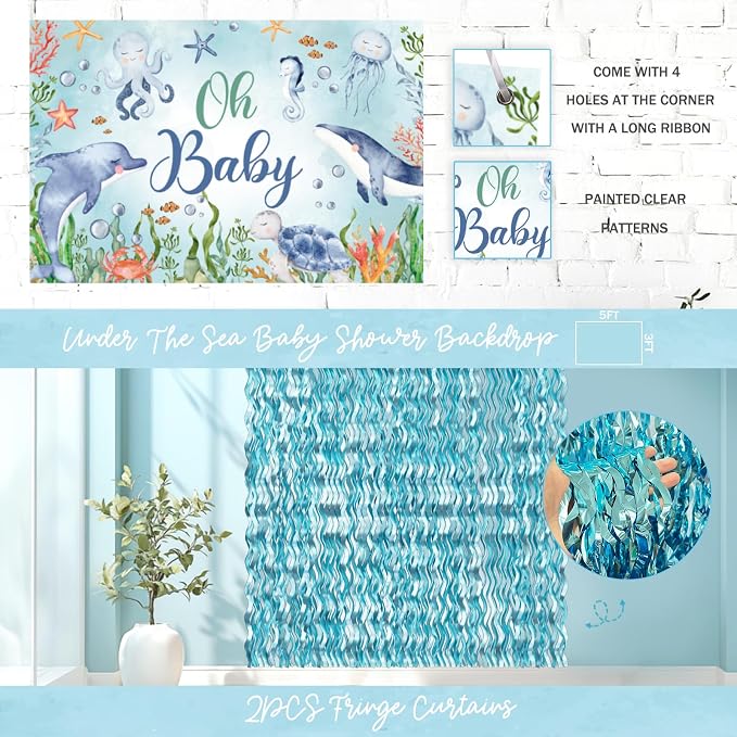 Under The Sea Baby Shower Decorations – 121Pcs Ocean Theme Party Supplies with Underwater Party Decor Backdrop, Blue Green Balloon Garland, Banner, Fringe Curtain, Boxes