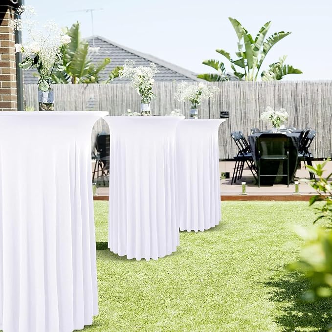 2 Packs Round Cocktail Table Skirt 32"x 43" Spandex Stretch Cocktail Tablecloth with Wavy Drapes, White Spandex Fitted High Top Table Covers for Wedding Party Birthday Banquet Bar
