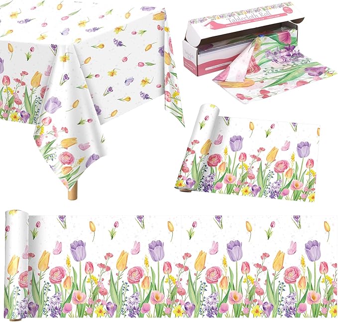 Kochorie 100 Ft x 54 Inch Spring Flower Tulip Tablecloth Roll Plastic Floral Disposable Table Cover Butterfly Wildflower Themed Backdrop for Spring Floral Tea Party Birthday Wedding Decor