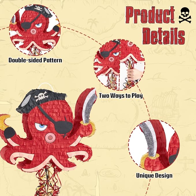 WERNNSAI Pirate Octopus Piñata - Pirate Birthday Decoration Animal Piñata with Blindfold and Stick for Caribbean Party Decoration Men Boys Birthday Anniversary Carnival Celebration Supplies