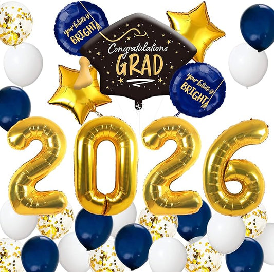JOJO FLY Graduation Party Supplies 2026 Decorations Kit, Gold 2026 Balloon, Congratulations Grad Foil Balloon, Navy Blue Gold and White Balloons, Class of 2026, Graduation Balloons, Congrats Grad