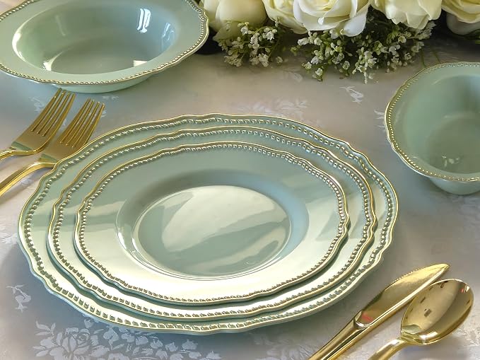 " OCCASIONS " 150pcs set (25 Guests)-Wedding Plastic Plates & cutlery -Disposable heavyweight Dinnerware 10.25'', 7.5'' + Silverware w/double fork (Rochelle Seafoam/Mint and Gold))