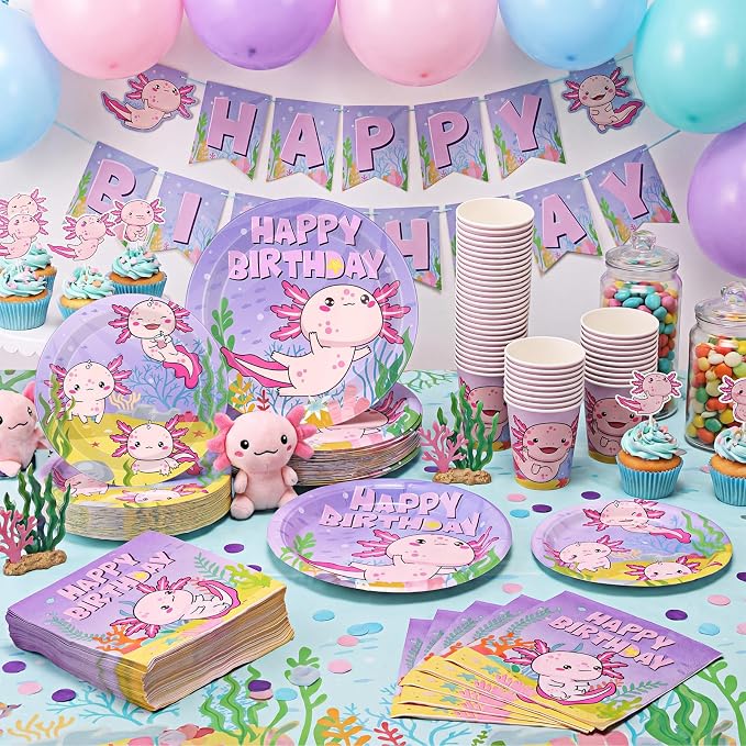 Pickmesh 250 Pcs Axolotl Birthday Disposable Tableware Set Reptile Animals Plates Napkins Cups Cutlery Purple Pink Cartoon Axolotl Birthday Party Supplies Favors for Baby Shower, Serve 50 Guest