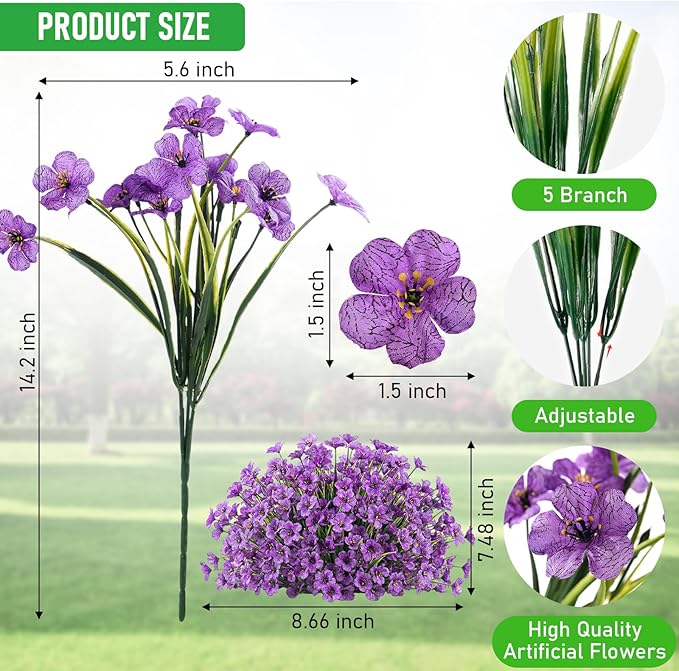 Powbrace 60 Pack Artificial Flowers for Outdoor Indoor Fake Plants, Faux Silk Flowers for Outdoors Outside Front Porch Hanging Planter Window Box Garden Spring Decoration(Purple)