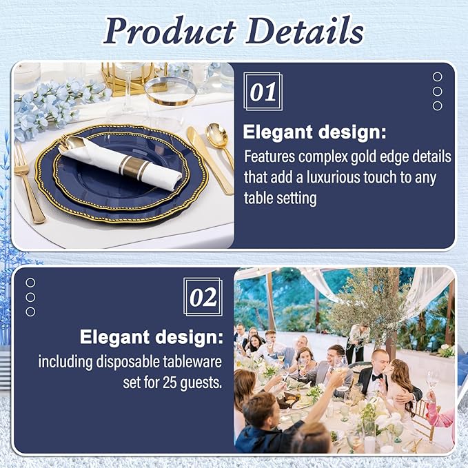 Hioasis 350pcs Blue and gold Plastic Plates - Blue Plastic Dinnerware Set Includes 50 Dinner Plates, 50 Dessert Dinnerware, 50 Cups, 50 Rolled Napkin Cutlery Perfect for Wedding
