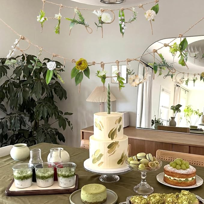 Norme 2 Pcs Green Leaves Birthday Party Decorations Banner Metal 3D Wildflower Happy Birthday Garland Garden Spring Tea Fairy Party Decorations for 16 21st 30th 40th 50th 60th 70th