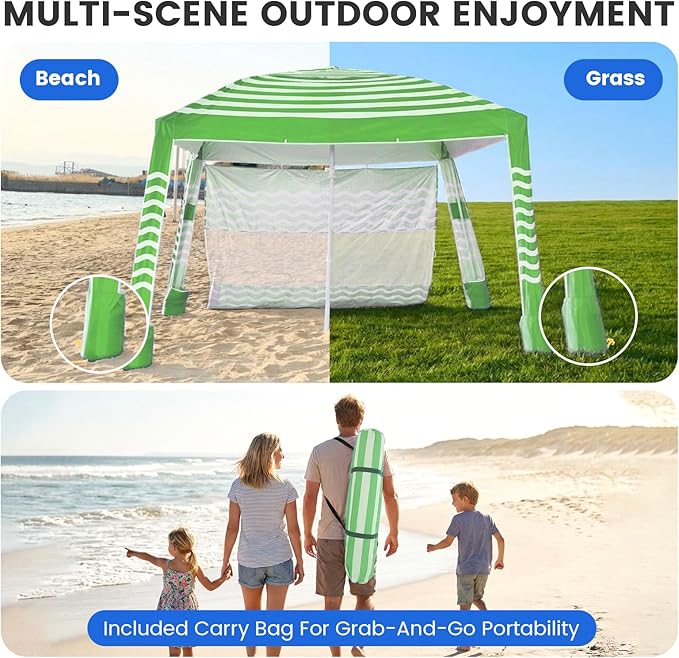 Zeraty Beach Cabana 8'×8', Portable Beach Canopy with Side Wall, UPF 50+ Silver-Coated Beach Tent Sun Shelter Easy Pop Up, Wind Resistant Adjustable Height Beach Umbrella Tent for Family, Green