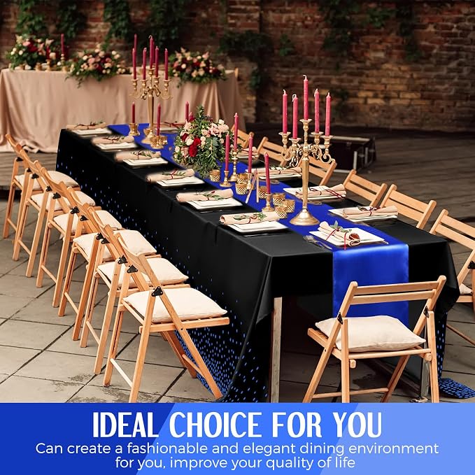 Breling 16 Pack Black and Blue Disposable Plastic Tablecloths and Satin Table Runner Set, 54 x 108 Inch Tablecloth, 12 x 108 Inch Table Runners for Wedding Graduation Birthday Baby Shower New Year