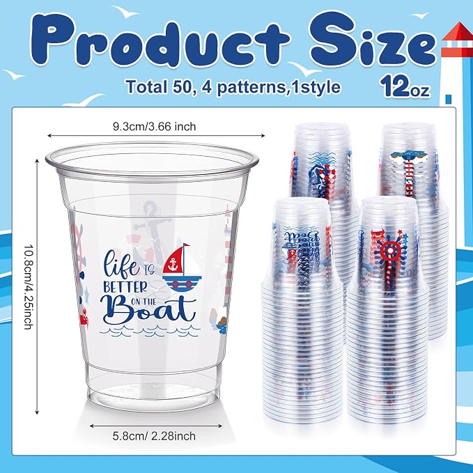 FoldTier 50 Pcs Nautical Cups 12 oz Plastic Nautical Birthday Cups Clear Navigation Disposable Glasses Blue Anchor Beverage Glasses for Home Kitchen Birthday Party Favors Supplies Decoration