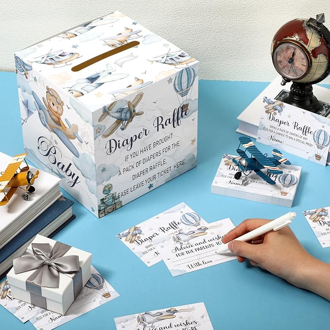 Teling 51 Pieces Diaper Raffle Tickets with Card Box Baby Shower Decorations Baby Shower Holder Box for Girl Boy Diaper Raffle Party(Airplane Style)