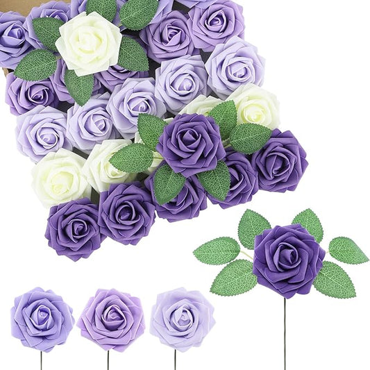 DuHouse 25Pcs Artificial Roses Flowers Fake Roses with Stems Real Touch Foam Flowers for DIY Wedding Bouquet Centerpiece Floral Arrangement Party Home Decor(Series Purple)