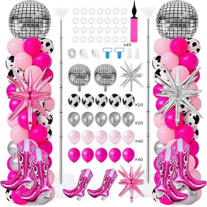 2 Sets Disco Cowgirl Balloon Column Stand Kits Adjustable Pink Balloons with Disco Ball Explosion Star Cowgirl Boot Themed Tower Stand Kit for Western Party My First Rodeo Baby Shower Decorations